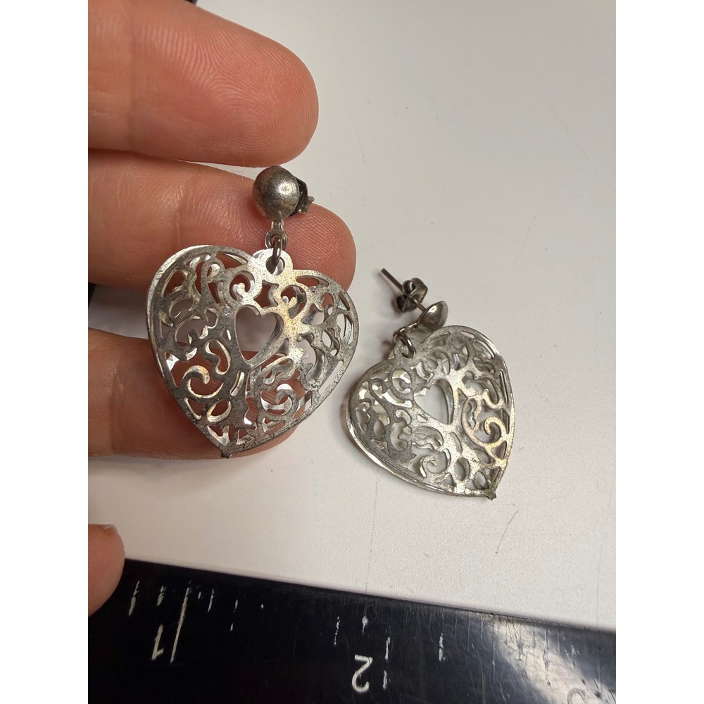 Silver Tone Filigree Heart Drop Earrings Ornate Scroll Puffy Dangle Post Back